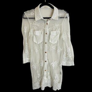 Vtg White Lace Beach Cover Up Sz M Sheer Button Down Raw Edge Swim Poolside POL